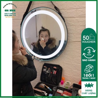 Gương tròn treo tường cảm ứng đèn led dây da bò đen nâu có ánh sáng trắng vàng cho nhà tắm phòng ngủ Gương Decordecor
