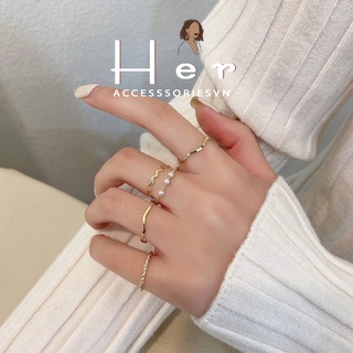 Bộ nhẫn nữ ngọc trai nhân tạo gợn sóng , Set nhẫn basic mạ bạc 925 cá tính Her Accessories N27