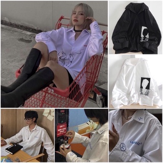 Áo Sơ Mi Nữ Form Rộng Chữ Kí Basic Unisex Dài Tay Trắng và Đen Kiểu Áo Sơ Mi Ullzang Oversize Unisex Hot
