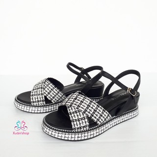 Sandal quai chéo họa tiết caro xinh xắn, đế xuồng cao 5.5cm (có sẵn)