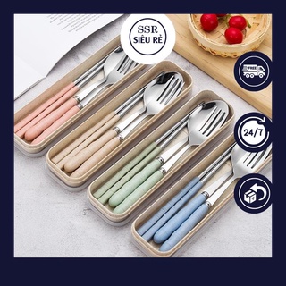 Bộ 3 Món Thìa, Đũa, Dĩa Lúa Mạch Chất Liệu Inox 304 Không Rỉ Kèm Hộp, Bộ Muỗng,Thìa, Nĩa Dùng Cá Nhân (PD3039)