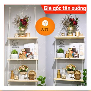 (TẶNG đinh và dây treo) Kệ treo tường gỗ tự nhiên có dây thắt sẵn dây