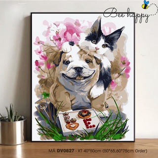 Tranh tô màu theo số sơn dầu số hóa BEE HAPYY DV0827 Tranh thú cưng con vật đôi bạn chó và mèo Paint by numbers kit