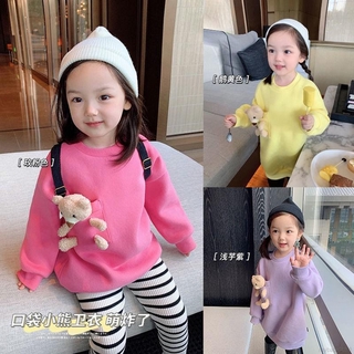 Áo Thun Tay Dài Trang Trí Túi Gấu Bông Cho Bé Gái