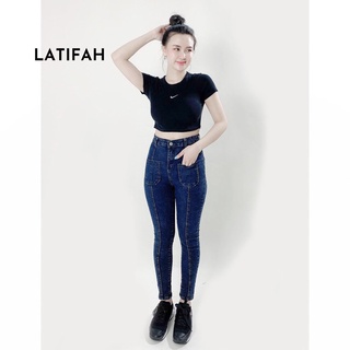 Quần dài jeans nữ co giãn LATIFAH cạp siêu cao đắp 2 túi vuông QD004