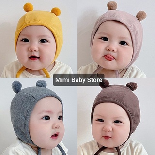 [Mẫu Mới 2021] Mũ Nón Len Cotton Cục Bông, Tai Mèo Có Dây Buộc Cho Bé Trai Bé Gái Từ 0-2 Tuổi