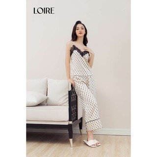 Bộ Đồ Ngủ 3 Item Áo Hai Dây Be Phối Ren Chấm Bi, Quần Cộc và Quần Dài Loirechic BDN06C