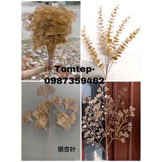 Cành rẽ quạt màu đồng 9 lá, lông công, lá táo đồng..cây giả trang trí dài 60cm