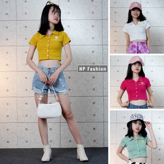 Áo croptop cổ bẻ ❤️ Áo thun nữ polo thêu hoa cúc xinh xắn Chất thun borip co dãn - CT06