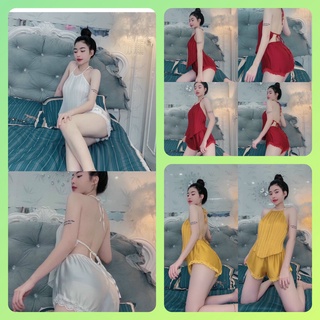 Đồ ngủ sexy yếm Dạp ly.chât vải satin mềm mịn mắc,kèm quần ren gợi càm cực xinh