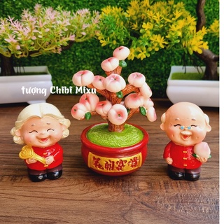 Bộ 02 tượng Bách Niên Giai Lão size nhí (ông bà áo đỏ) kèm chậu đào trường thọ
