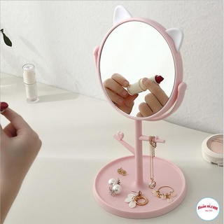 Gương Trang Điểm Để Bàn Tai Mèo Dễ Thương Xoay 360 Độ