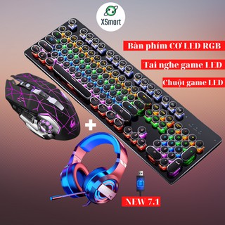 COMBO Bàn phím cơ và chuột kèm tai nghe chụp tai headphone máy tính laptop pc có LED Đổi Màu T907+V5 Tia sét+Q9 7.1