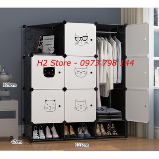 TỦ NHỰA LẮP GHÉP 9 Ô + 3 Ô GIÀY (GỒM 1 KỆ GÓC) ĐEN CỬA TRẮNG ĐỤC MÈO VUA ĐA NĂNG THÔNG MINH sâu 47cm
