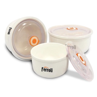 Bát gốm sứ FEROLI set 3 cái có nắp đậy hút chân không silicon hàng chính hãng