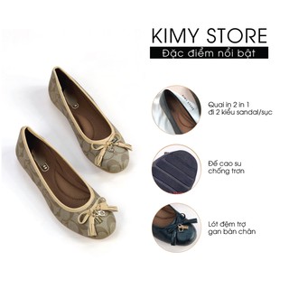 Giày bệt nữ hoạ tiết chữ C - Giày búp bê nữ mũi tròn mix nơ chuông - Kimy Store