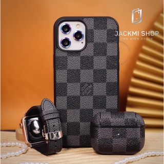[COMBO 3 MÓN LV CARO ĐEN] ỐP LƯNG LV CHO IPHONE + DÂY DA LV CHO APPLE WATCH + CASE AIRPODS LV (DÂY DA BẢO HÀNH 1 NĂM)