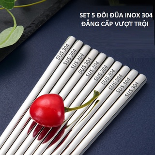 Set 5 Đôi Đũa Inox Chất Lượng Cao 33gr/đôi Có Khắc Laser Chống Trượt -Đũa Vuông -Hàng Nhập Khẩu