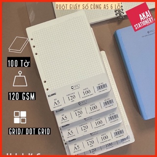 Ruột sổ còng giấy refill Caro Grid Dot Grid Ngang kẻ A5 100 tờ Klong,6 lỗ còng, giấy kem định lượng 120 gsm 996 997 998