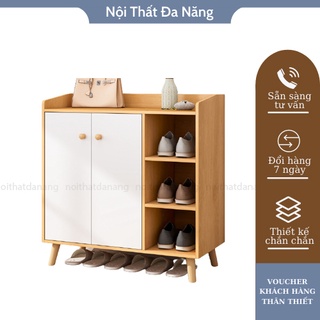 Tủ giày gỗ có cánh tủ chống bụi bẩn, chất liệu MDF chống ẩm màu gỗ sáng sang trọng, chân gỗ tự nhiên chắc chắn