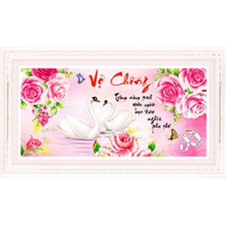Tranh thêu vợ chồng thiên nga hoa hồng 3D LV3111- chưa thêu