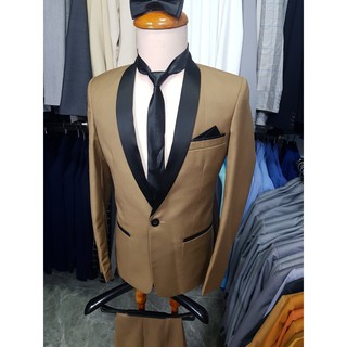 Bộ vest nam form ôm body màu da bò kiểu cổ sam đen chất liệu vải mềm mịn + cà vạt nơ