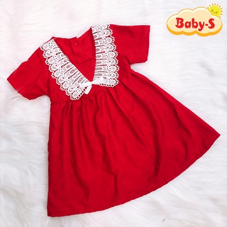 Đầm xòe đỏ cotton phối ren đáng yêu cho bé 1-7 tuổi chất nhẹ mát họa tiết đơn giản nhẹ nhàng Baby-S - SD067