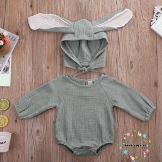 Bộ áo liền quần dài tay ôm dáng bằng vải lanh cotton + nón tai thỏ 3D đáng yêu cho bé từ 0-24 tháng tuổi