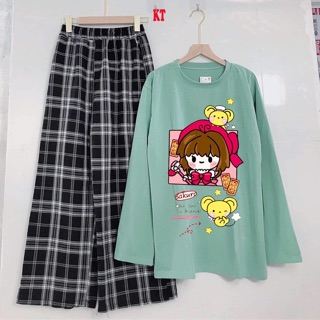 Set áo thun dài tay in cô gái sakura + quần kẻ ống rộng