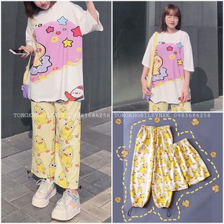 SET BỘ HOẠT HÌNH ÁO THỎ HỒNG TRẮNG MIX QUẦN DÀI / QUẦN SHORT CARTOON HÌNH GÀ VÀNG UNISEX