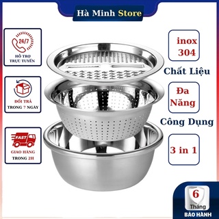 [Hàng Loại A] Bộ Dụng Cụ Bào Rau Củ Đa Năng 3 Trong Kiêm Rổ Và Chậu Inox Cao Cấp - Bộ Nạo Bào Rau Củ