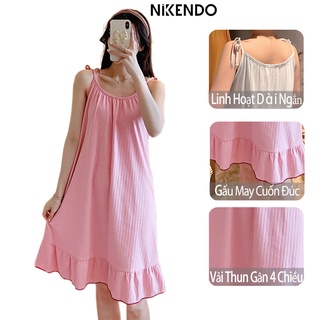 Đầm Ngủ Nữ Dễ Thương Quai Thắt Nơ - Váy Ngủ 2 Dây Sexy Thun 4 Chiều Nikendo VN04
