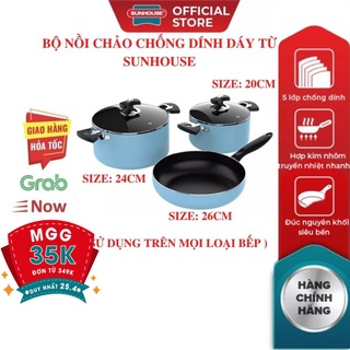 Bộ 3 Nồi Chảo Chống Dính Bếp Từ SUNHOUSE 20cm 24cm 26cm (dùng được trên mọi loại bếp) chính hãng bảo hành toàn quốc