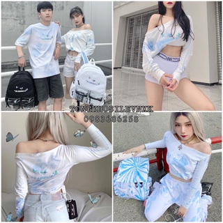 ÁO CROPTOP LỆCH VAI BANAWA - ÁO THUN LOANG XANH BANAWA IN HÌNH BƯỚM UNISEX DÀI TAY DÁNG TRỄ VAI