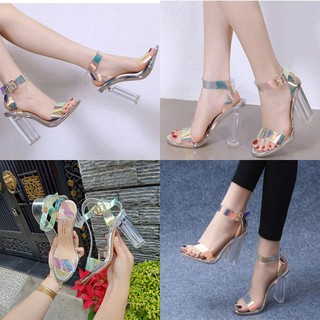 Giày cao gót đế trong suốt quai ánh kim nhiều màu