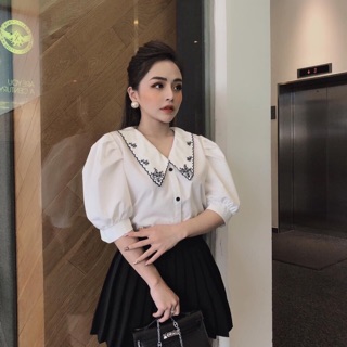 Áo sơ mi nữ tay lỡ cổ thêu TNT, sơ mi nữ basic kiểu công sở hàng thiết kế đi làm đi chơi