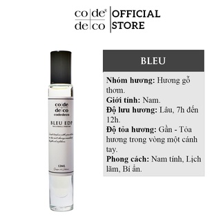 Tinh Dầu Nước Hoa Code Deco Bleu 12ml, Nam Tính, Lịch Lãm, Bí Ẩn - Chai Lăn Tiện Lợi