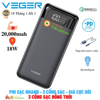 Pin Sạc Dự Phòng Veger VP-2019 20,000mah - Sạc nhanh PD 18W, Quickcharge 3.0 - Vân Carbon lịch lãm