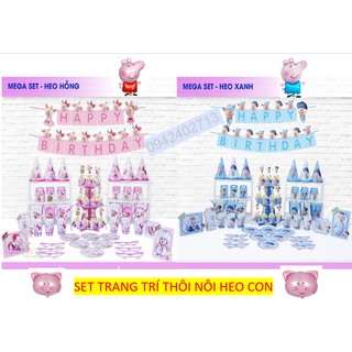 set giấy trang trí bàn sinh nhật thôi nôi bé HEO CON- chó con xanh/ hồng