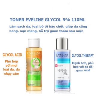 Toner Eveline 5% Glycolic Acid - Glycol Therapy giúp da căng bóng, mịn màng, mờ thâm mụn