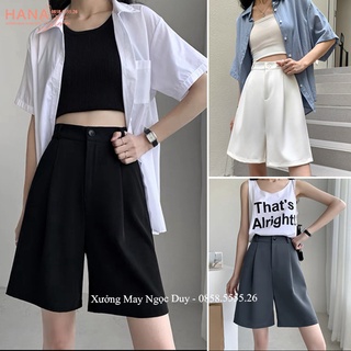 Quần đùi lửng nữ ống rộng dáng ngố ngang gối màu đen - Quần short sooc lửng nữ bigsize cạp lưng cao mặc đi biển hẹn hò