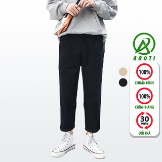 Quần Baggy Nam Nữ AROTI Ống Suông Rộng Vải Kaki Đẹp Dáng Âu Đứng Basic,Cạp Chun,Màu Đen-Be,Tiện Mặc Đi Học  BG01 SP3