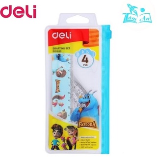 Bộ dụng cụ học sinh 4 món Deli G01503 gồm Thước eke, thước dài, thước đo độ
