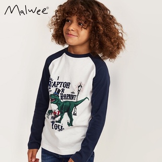 Áo cotton dài tay bé trai Malwee khủng long phối tay xanh than 2-7Y