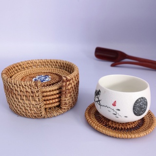 Bộ 6 tấm lót cốc uống trà bằng sứ đan mây tre kèm khay đựng trang trí nhà cửa, đạo cụ chụp ảnh decor