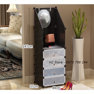 TỔNG KHO TỦ NHỰA LẮP GHÉP ĐA NĂNG ĐỂ GIÀY DÉP MÀU ĐEN CỬA TRẮNG TRONG 4 Ô TO + 1 KỆ SIZE TO
