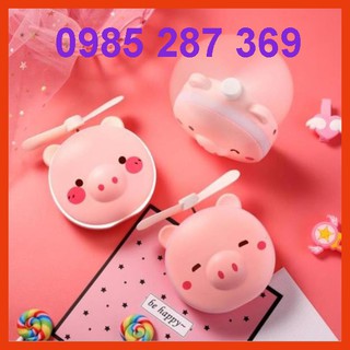 Quạt mini cầm tay lợn hồng, gấu xanh kèm gương và đèn LED siêu dễ thương