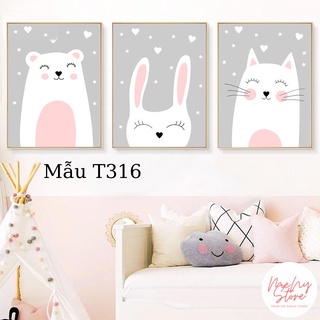 Bộ 3 tranh treo tường, phòng ngủ cho bé khung kính hình động vật đáng yêu khổ A4 (tặng kèm đinh treo tranh)