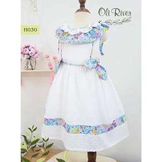 Váy đầm hoa xanh bé gái phối ren cổ áo oli river H030