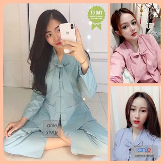 Bộ phật tử Mẫu La Hán Nơ dài tay vải Kate mịn không nhăn, Trang phục Đồ lam đi chùa Kín đáo Giản dị - Anle Store